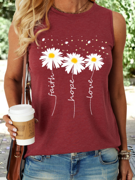 Women's Faith Hope Daisy Crew Neck Casual Tank Top, Red, Tank Tops
