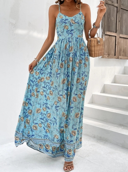 

Spaghetti Loose Vacation Floral Dress, Blue, Dresses