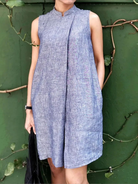 Plain Cotton And Linen Loose Linen Dress, Denim blue, Mini Dresses