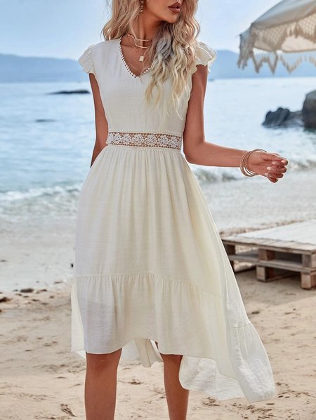 Guipure Lace Insert High Low Ruffle Hem Dress, White, Dresses