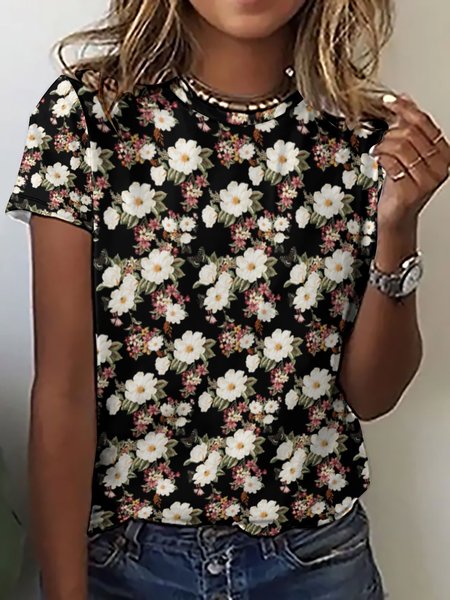 Women's Plant Floral Butterfly Casual Crew Neck T-Shirt, As picture, T-shirts