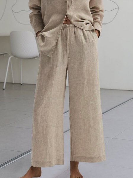 Cotton And Linen Loose Drawstring Casual Pants, Light khaki, Pants