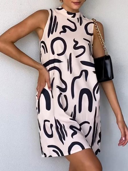 Vacation Loose Stand Collar Sleeveless Abstract Print Dress, Apricot, Mini Dresses