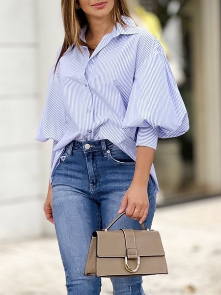 Daily Shirt Collar Urban Regular Fit Blouse, Blue, Blouses and Shirts