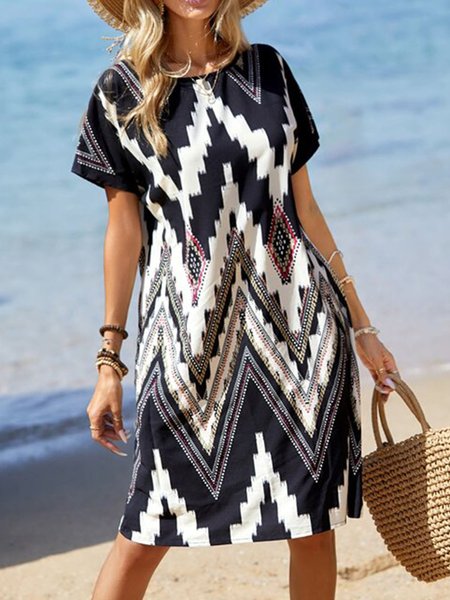 Women's summer short-sleeved vintage ethnic print dress, Black, Dresses
Women's summer short-sleeved vintage ethnic print dress, Black, Dresses