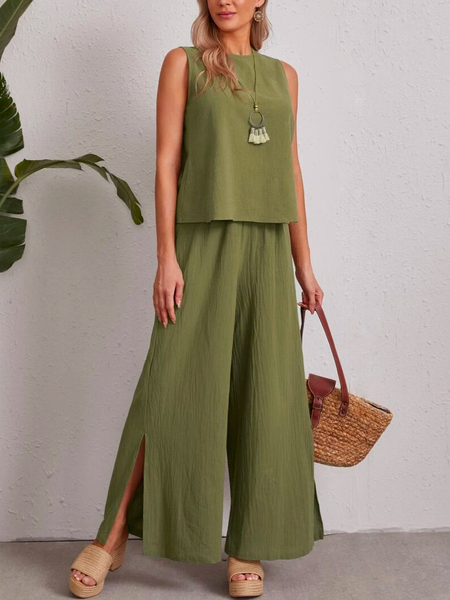 Linen Casual Keyhole Back Solid Top & Split Hem Palazzo Pants Set, Green, Tops
Linen Casual Keyhole Back Solid Top & Split Hem Palazzo Pants Set, Green, Tops