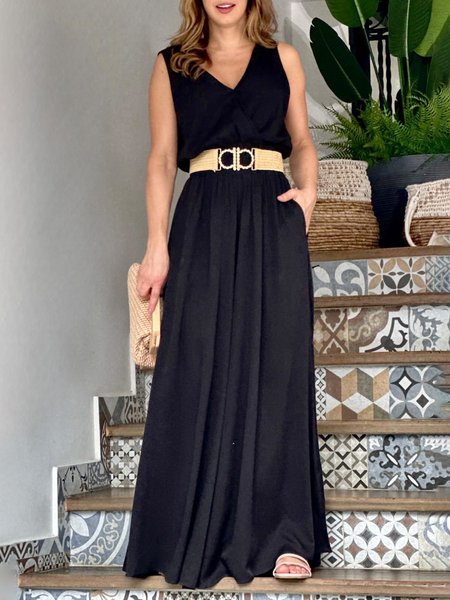 V Neck Plain Loose Casual Dress, Black, Maxi Dresses
