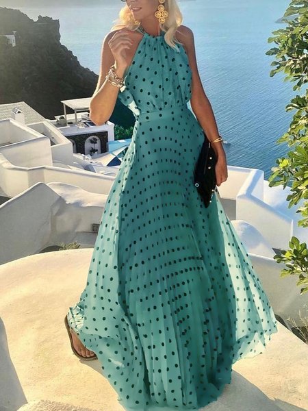 Regular Fit Vacation Polka Dots Halter Dress, Blue, Maxi Dresses