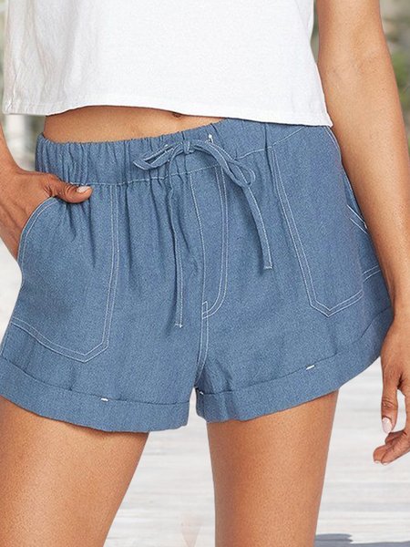 Cotton Loose Plain Shorts, Blue, Shorts