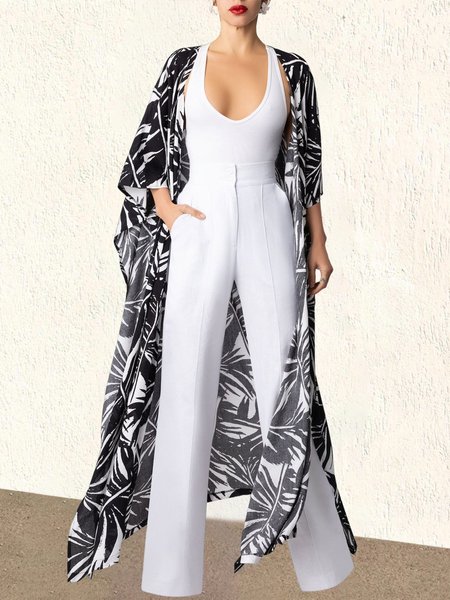 Vacation Loose Leaf Print Kimono, Black, Kimonos
