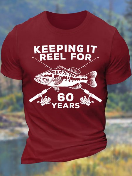 Men’s Keeping It Reel For 60 Years Casual Crew Neck Regular Fit Text Letters T-Shirt, Red, T-shirts