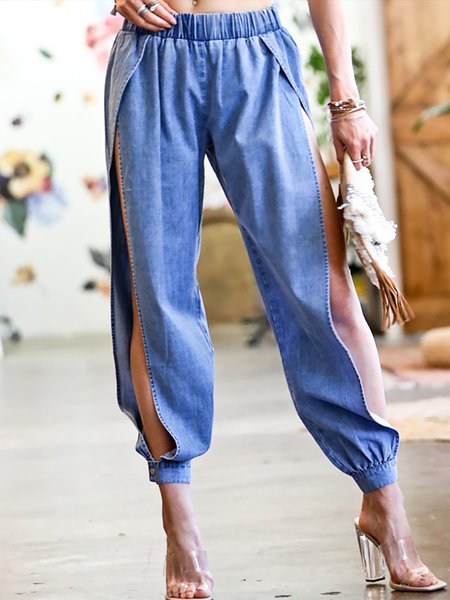 Urban Denim Loose Plain Split Jeans, Blue, Jeans
