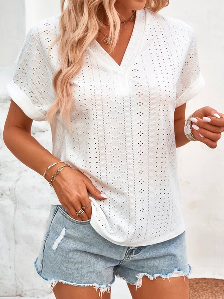 V Neck Geometric Cotton Vacation Eyelet Embroidery Batwing Sleeve T-Shirt, White, T-Shirts
V Neck Geometric Cotton Vacation Eyelet Embroidery Batwing Sleeve T-Shirt, White, T-Shirts