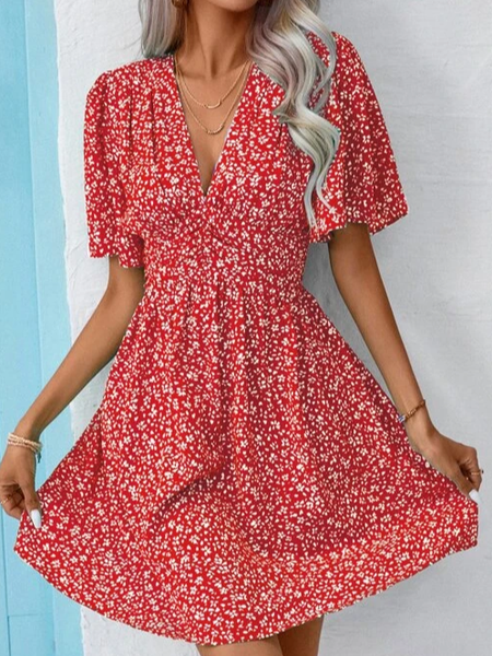 V Neck Casual Loose Floral Dress, Red, Dresses