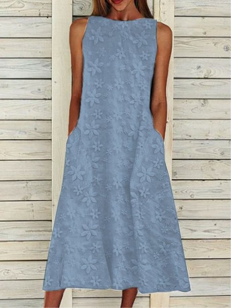 Plain Summer Sleeveless Pockets Floral Lace Crew Neck Maxi Elegant Cotton And Linen Dress, Blue, Midi Dresses
Plain Summer Sleeveless Pockets Floral Lace Crew Neck Maxi Elegant Cotton And Linen Dress, Blue, Midi Dresses
