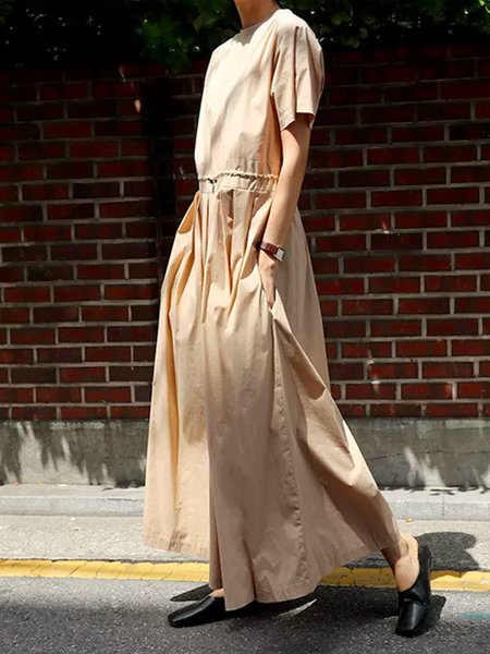 Daily Plain Short sleeve Urban Regular Fit Dress, Khaki, Maxi Dresses