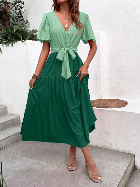 

Loose Vacation Color Block V Neck Two Tone Butterfly Sleeve Ruffle Hem Belted Dress, Green, Dresses