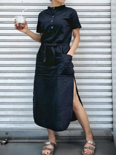 Half Turtleneck Linen Loose Dress, Black, Midi Dresses