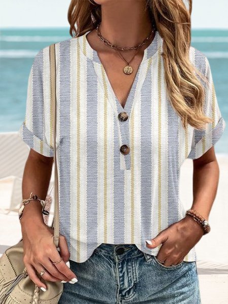 Cotton Geometric Loose Vacation Shirt, Blue, Shirts & Blouses