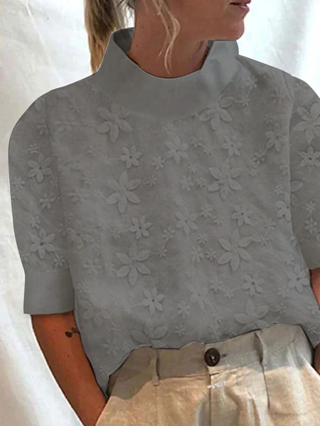 Women's Cotton Linen Lace Lapel Button Down Short Sleeve Shirt, Gray, Shirts & Blouses