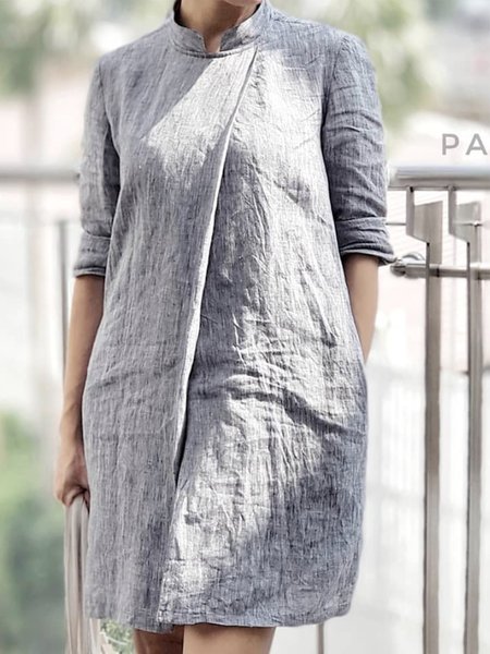 Loose Casual Stand Collar Linen Dress, Gray, Mini Dresses