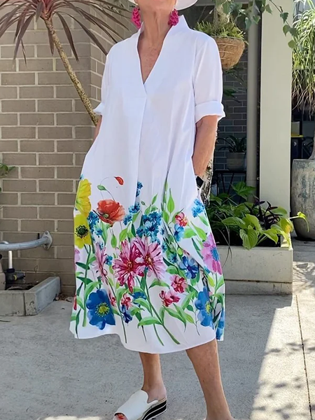 V Neck Loose Casual Floral Dress, White, Dresses