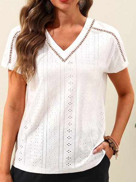 Women's summer cotton embroidered V-neck T-shirt top, White, Tunics