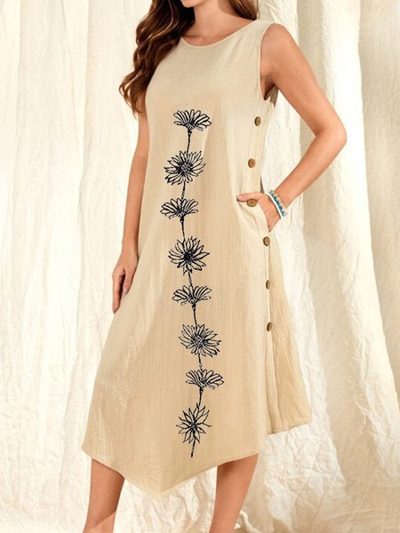 Women's summer breasted printed cotton and linen dress, Apricot, Midi Dresses