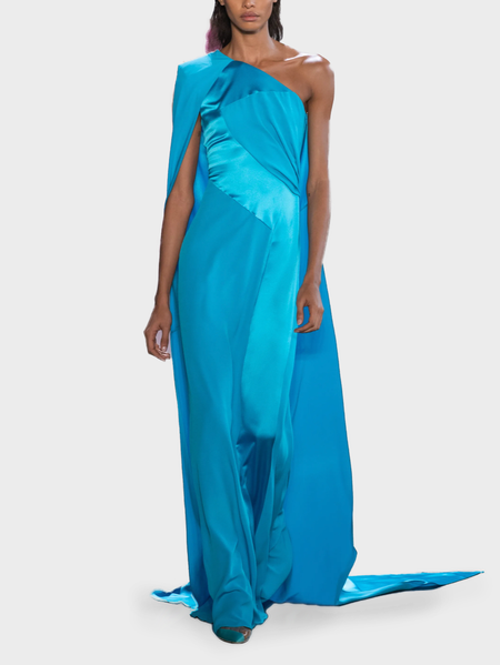 Regular Fit Elegant One Shoulder Plain Party Dress, Blue, Maxi Dresses