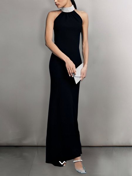 Elegant Halter Regular Fit Plain Sleeveless Maxi Dress, Black, Maxi Dresses