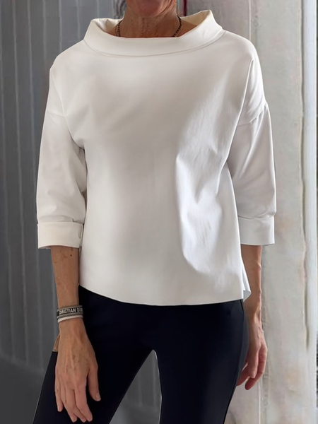 Shawl Collar Plain Casual Loose Shirt, White, Shirts & Blouses