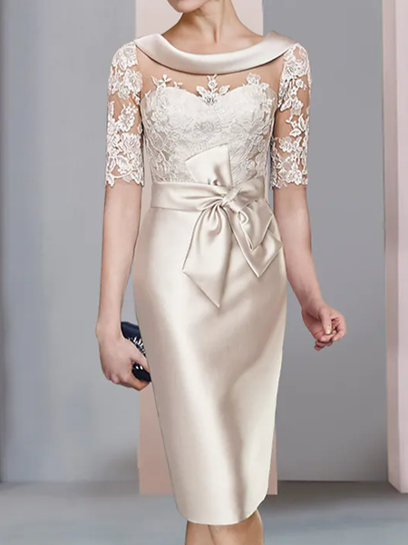 Elegant Satin Boat Neck Plain Dress, Apricot, Formal Dresses
