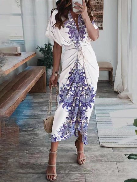 Floral Regular Fit Elegant Shirt Collar Dress, Blue, Midi Dresses