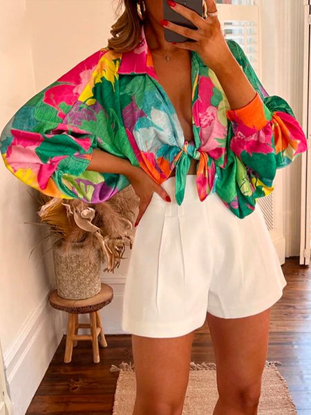 Daily Shirt Collar Urban Floral Regular Fit Blouse, Green, Blouses and Shirts