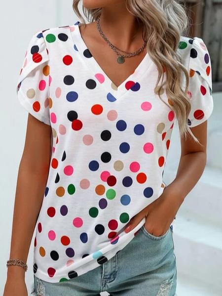 Casual Polka Dots V Neck T-Shirt, White, T-Shirts