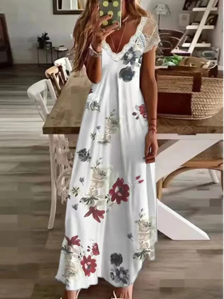 Summer Casual Loose V Neck Floral Dress, White, Dresses