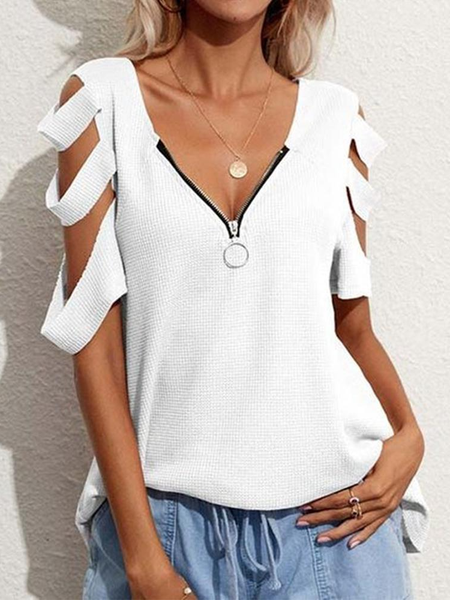 Plain Zipper Loose Casual Shirt, White, Shirts & Blouses