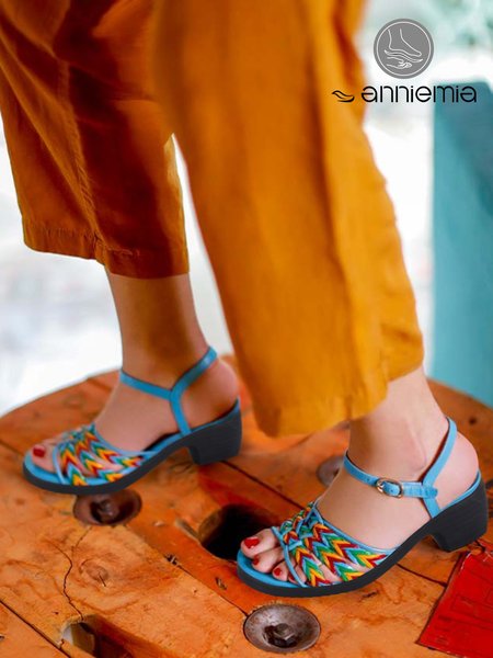 Elegant Color Block Braided Straps Chunky Heel Sandals, Blue, Sandals