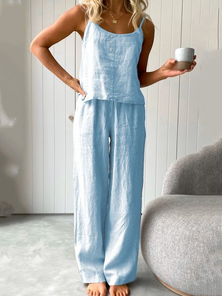 

Summer Outfits Casual Plain Linen Suits Sleeveless Tank Top and Comfy Pants Two-Piece Sets, Light blue, Suits