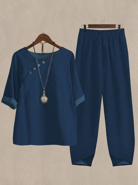 Loose Asymmetrical Collar Linen Two-Piece Set, Navy blue, Suits
