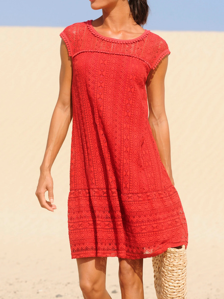 Casual Loose Lace Crew Neck Summer Dress, Red, Dresses