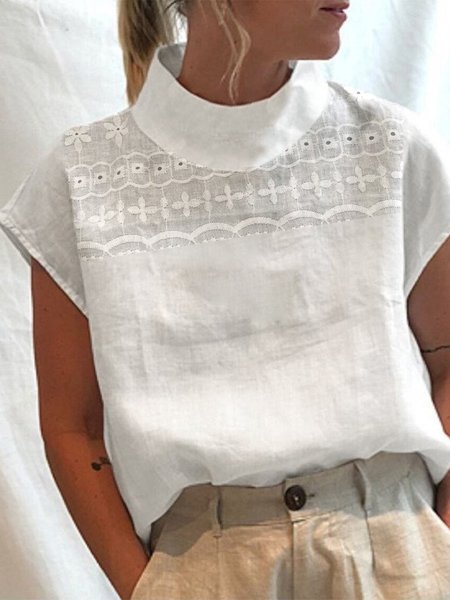 Half Turtleneck Loose Linen Shirt, White, Tees & T-shirts