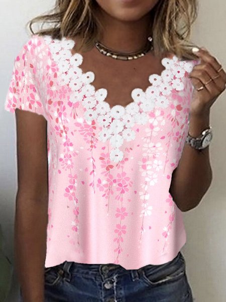 Loose V Neck Floral Vacation T-Shirt, Pink, T-Shirts