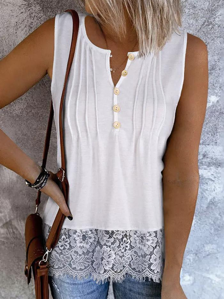 Lace Loose Casual Plain Tank Top, White, Tank Tops & Camis