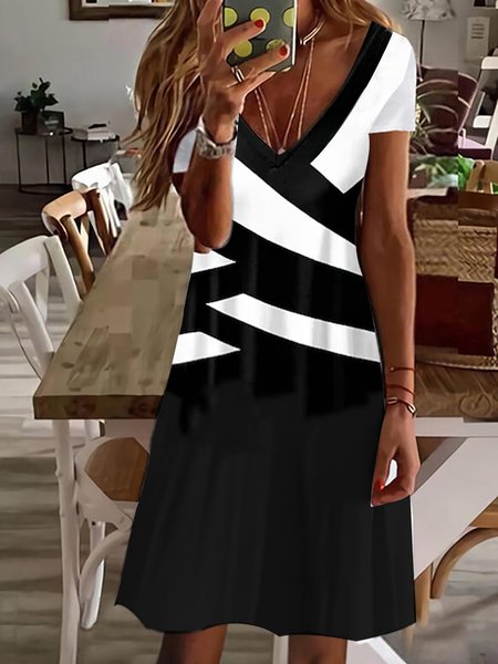 Regular Fit Knitted Casual V Neck Summer Dress, Black, Dresses