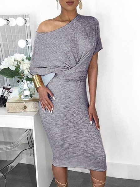 Elegant Short sleeve Regular Fit Plain Dress, Gray, Midi Dresses