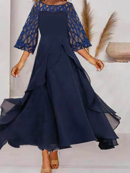 Lace Crew Neck Urban Chiffon Dress, Blue, Formal Dresses