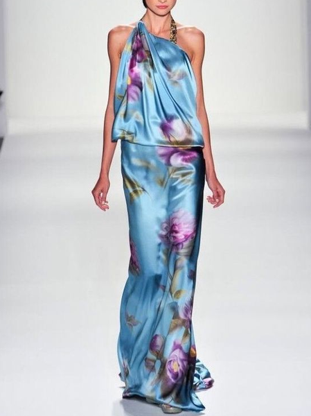 Satin Floral Elegant Loose Dress, Blue, Elegant Dresses