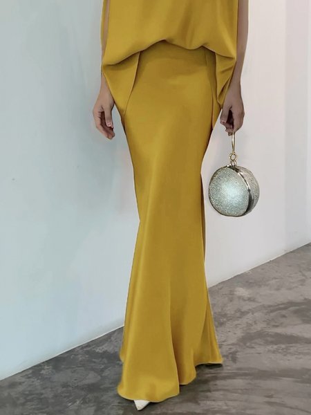 Long Daily Plain Regular Fit Elegant Skirt, Yellow, Skirts