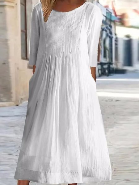 Loose Cotton Crew Neck Linen Dress, White, Midi Dresses